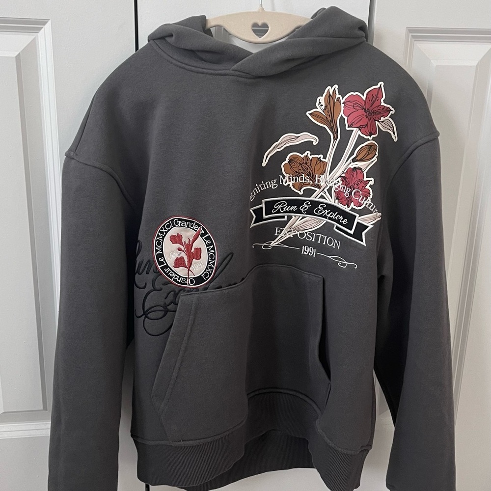 Gray Hoodie with Floral Embroidery